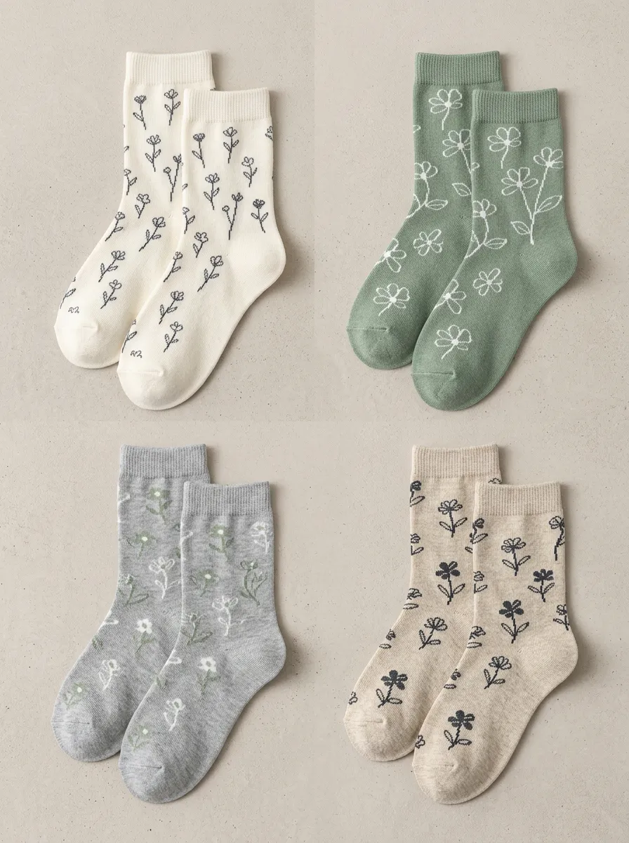 Women's Floral Matte-Finish Crew Socks Four Pair Set