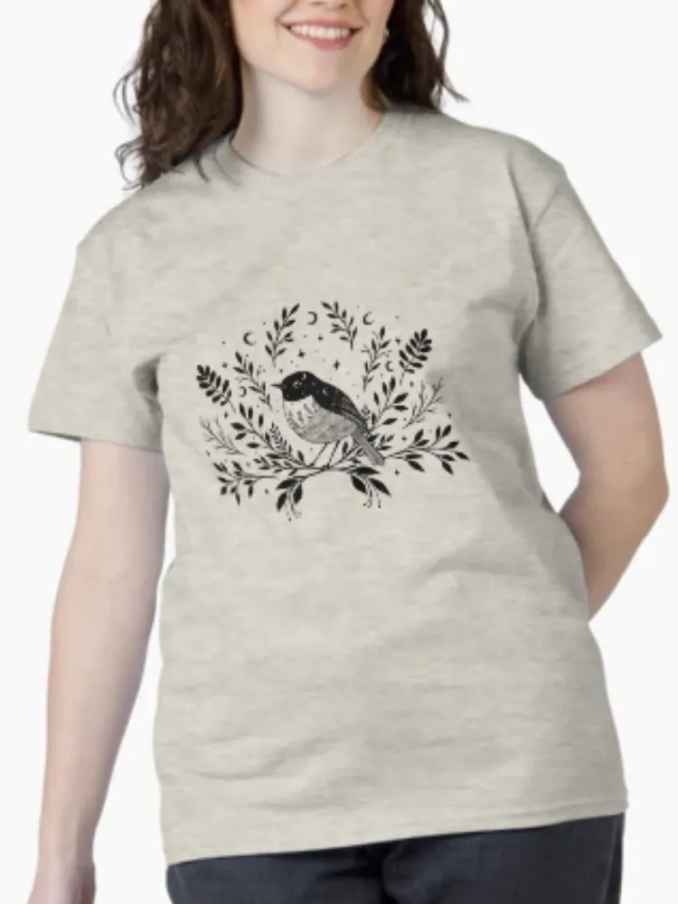 Women's Vintage-Themed Floral Bird Print Crew Neck Short-Sleeve T-Shirt
