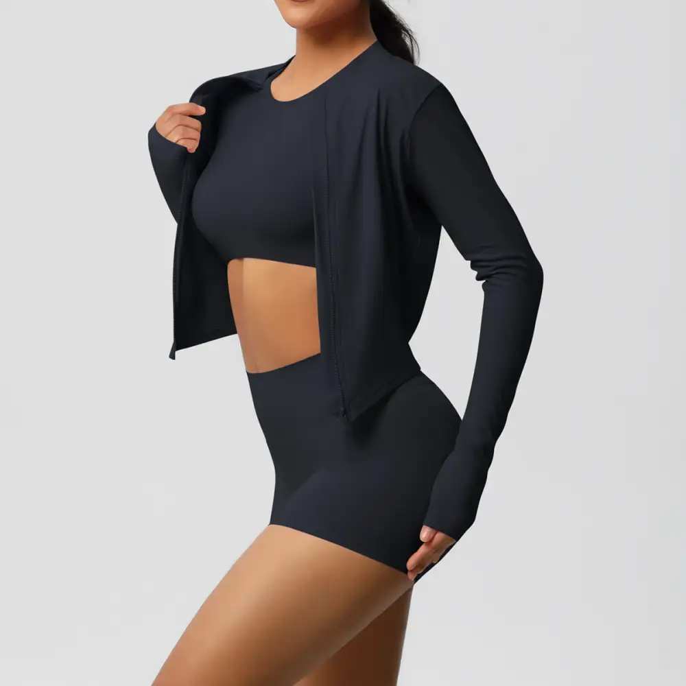 Zip-Front Long-Sleeve Jacket, Bra and Shorts Active Set