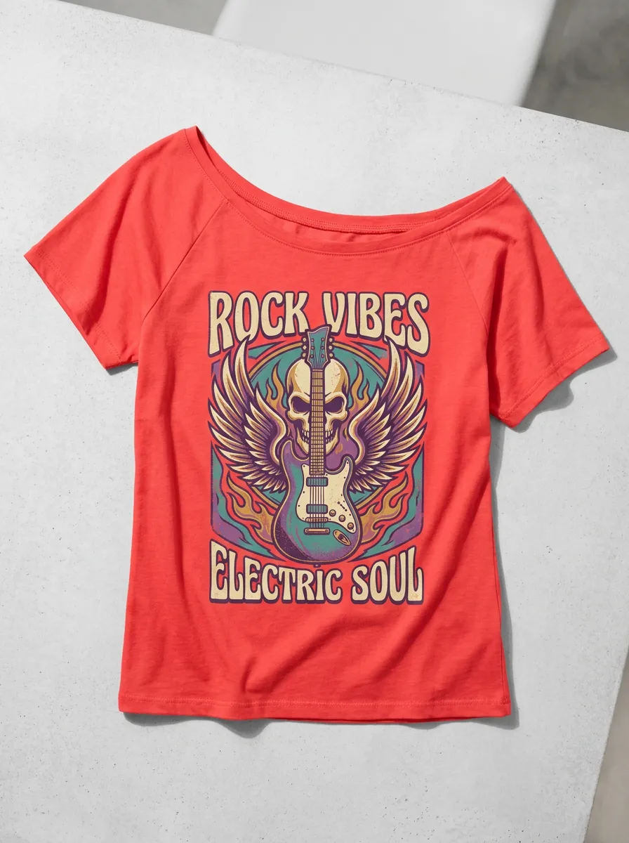 Women's Rock Music Lover Skull Guitar Wings Printed T-shirt