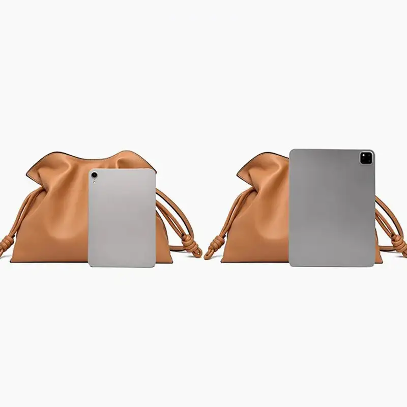 Minimalist Camel Leather Drawstring Shoulder Bag