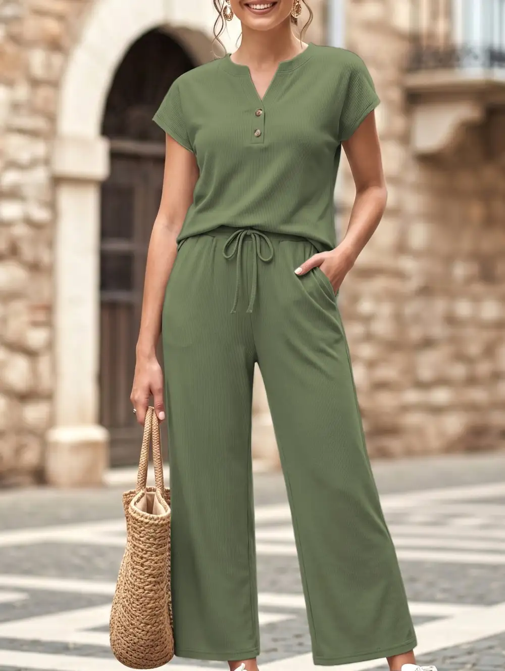 Short Sleeve Top Pants Two Piece Set
