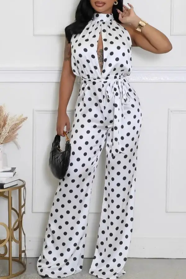 Polka Dot Cutout Halter Lace-Up Jumpsuit