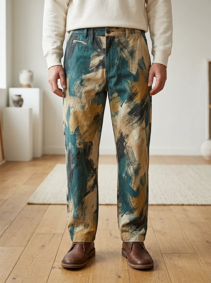 Men's Belted Brushstroke Print Trousers