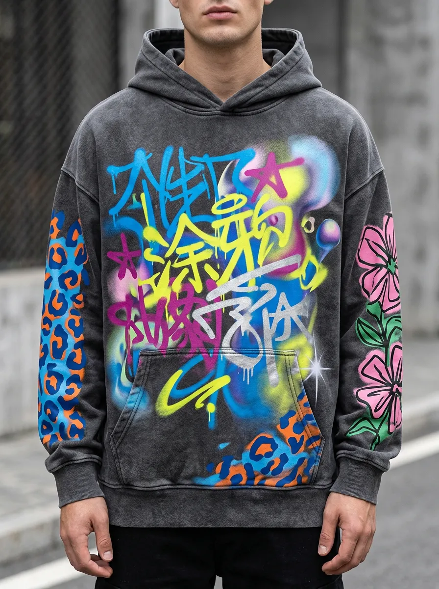 Unisex Streetwear Graffiti Leopard Flower Skate Inspired Hoodie