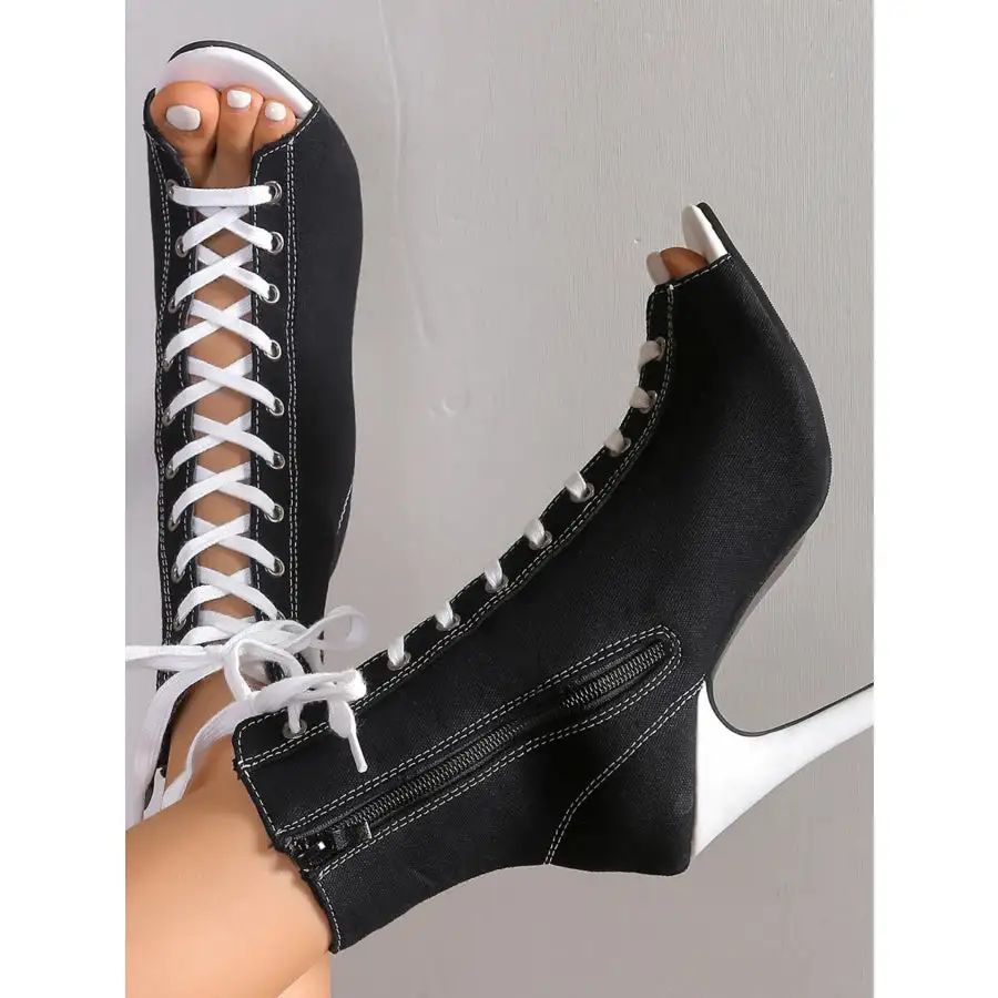 Canvas Lace Up Peep Toe Stiletto Ankle Boots