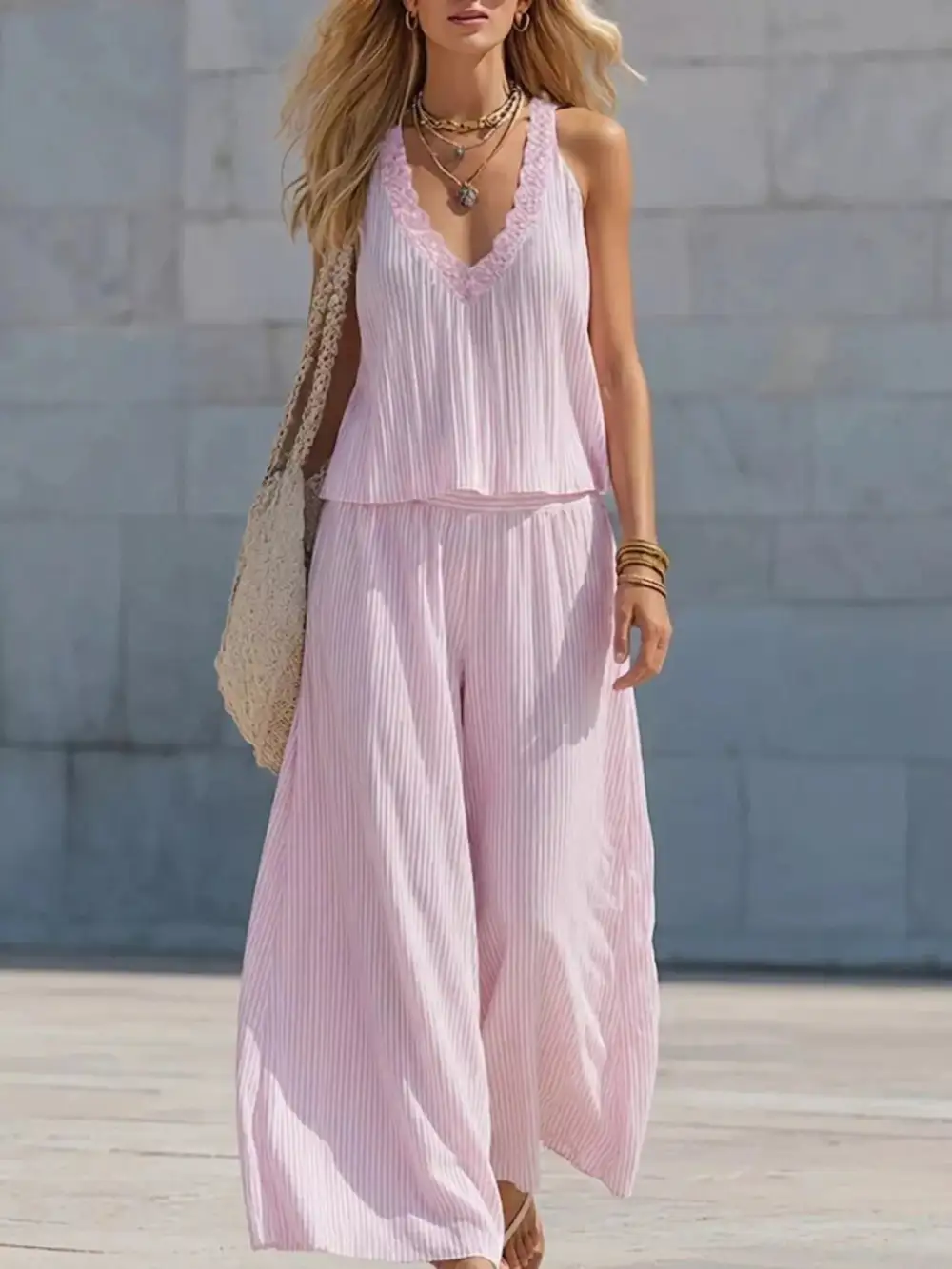 Striped V Neck Tank and Wide Leg Pants Set