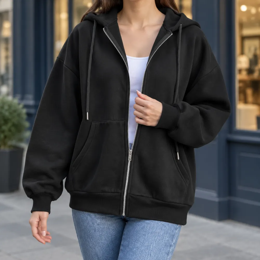 Relaxed Zip-Front Polished Hoodie