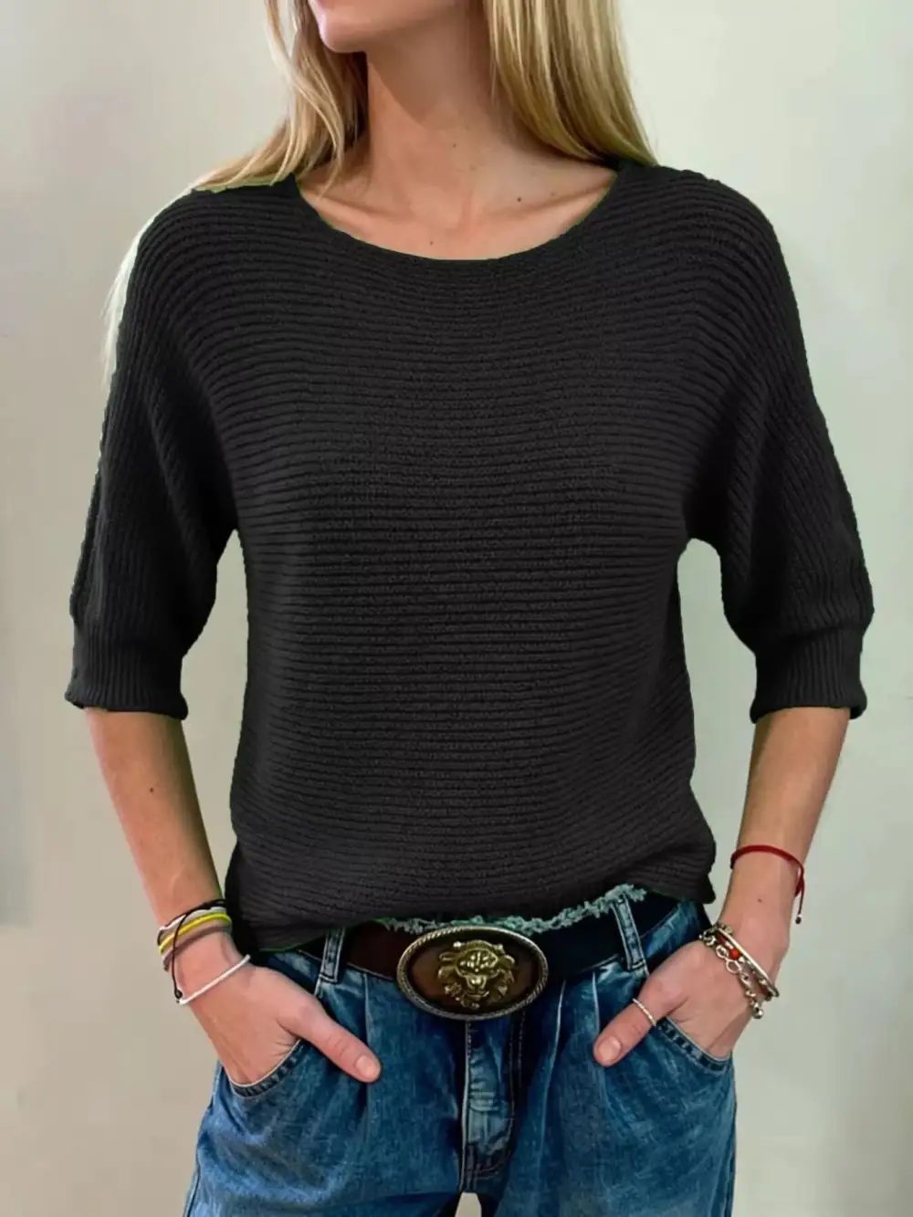 Full Size Ribbed Knit Round Neck Sweater Plus Size