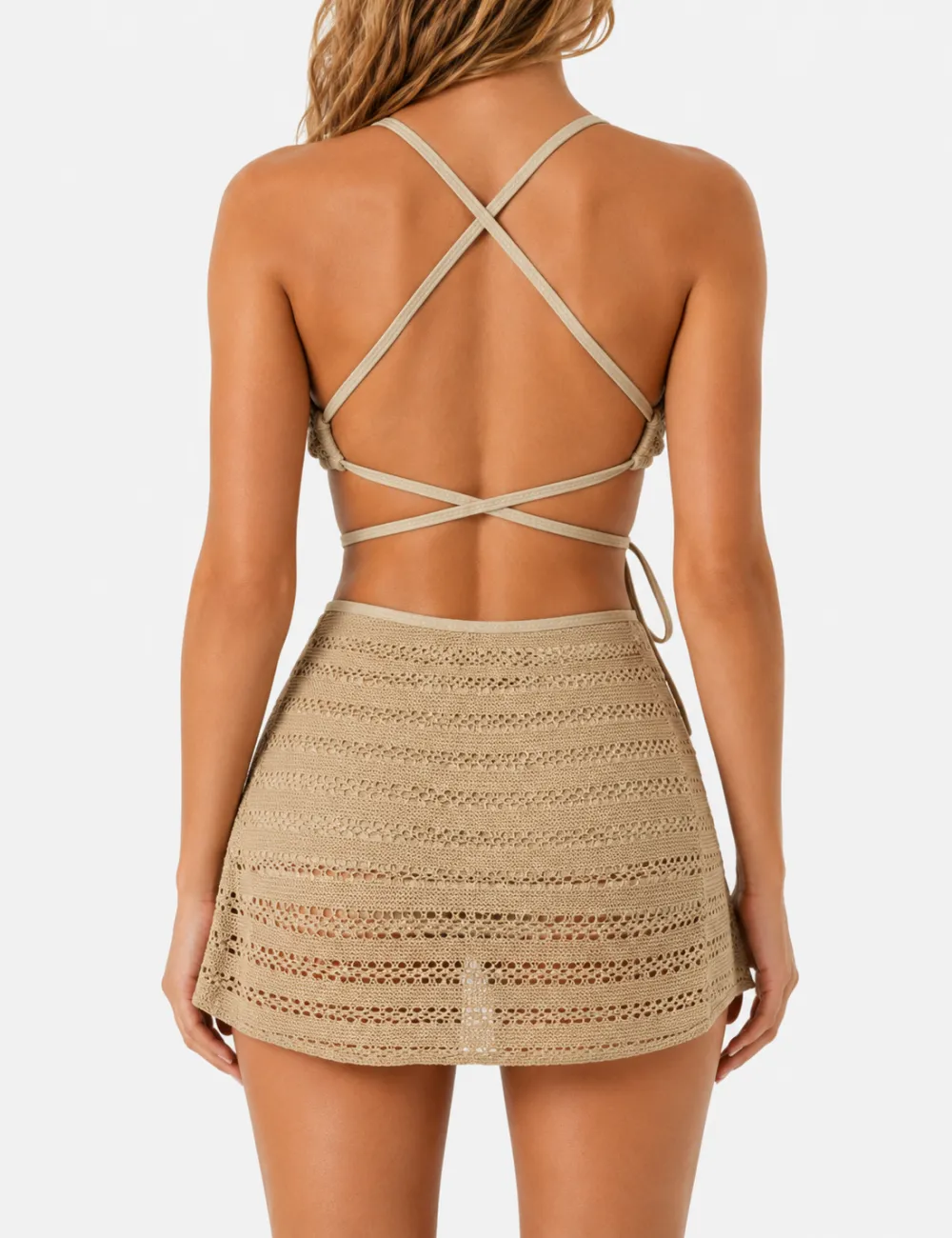 Hollow Knit Cross Back Halter Bikini Set