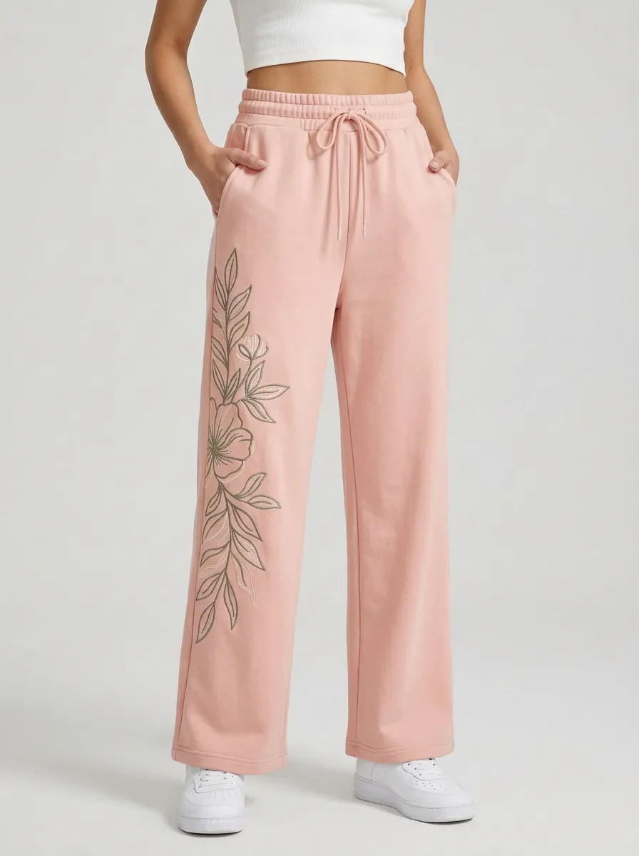 Women's Botanical Floral Side Graphic Beige Sweatpants