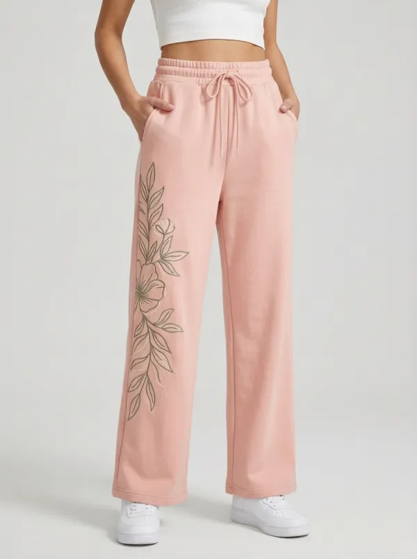 Women's Botanical Floral Side Graphic Beige Sweatpants