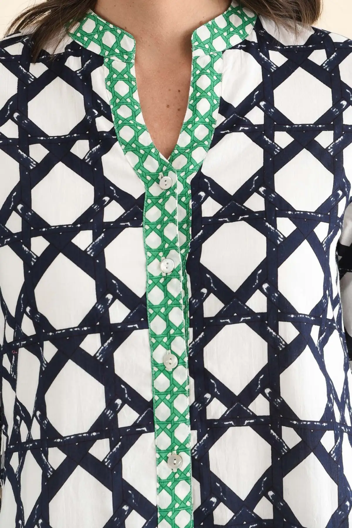 Below-Knee Geometric Cotton Pocket V-Neck Three-Quarter-Sleeve A-Line Dress