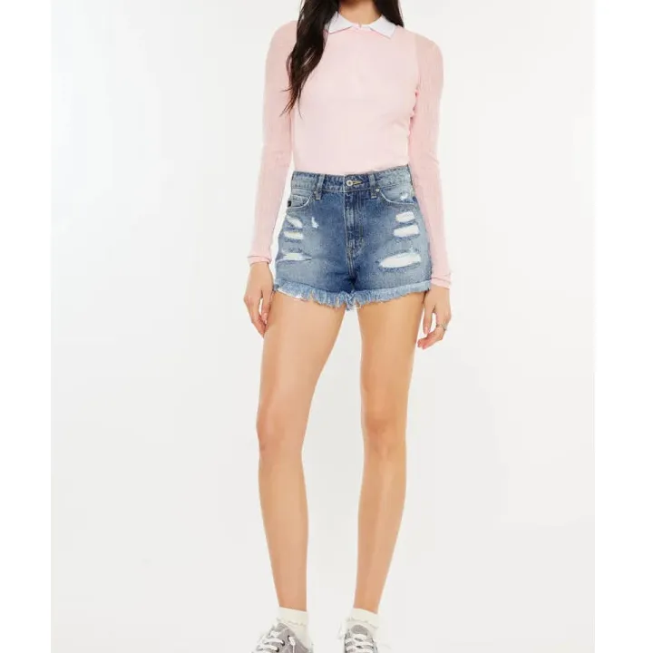 High Rise Raw Hem Denim Shorts