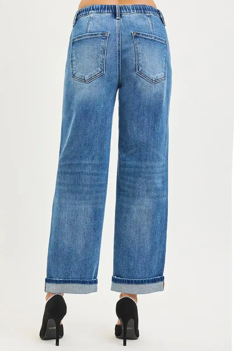 Elastic Waist Cuffed Hem Slouchy Jeans
