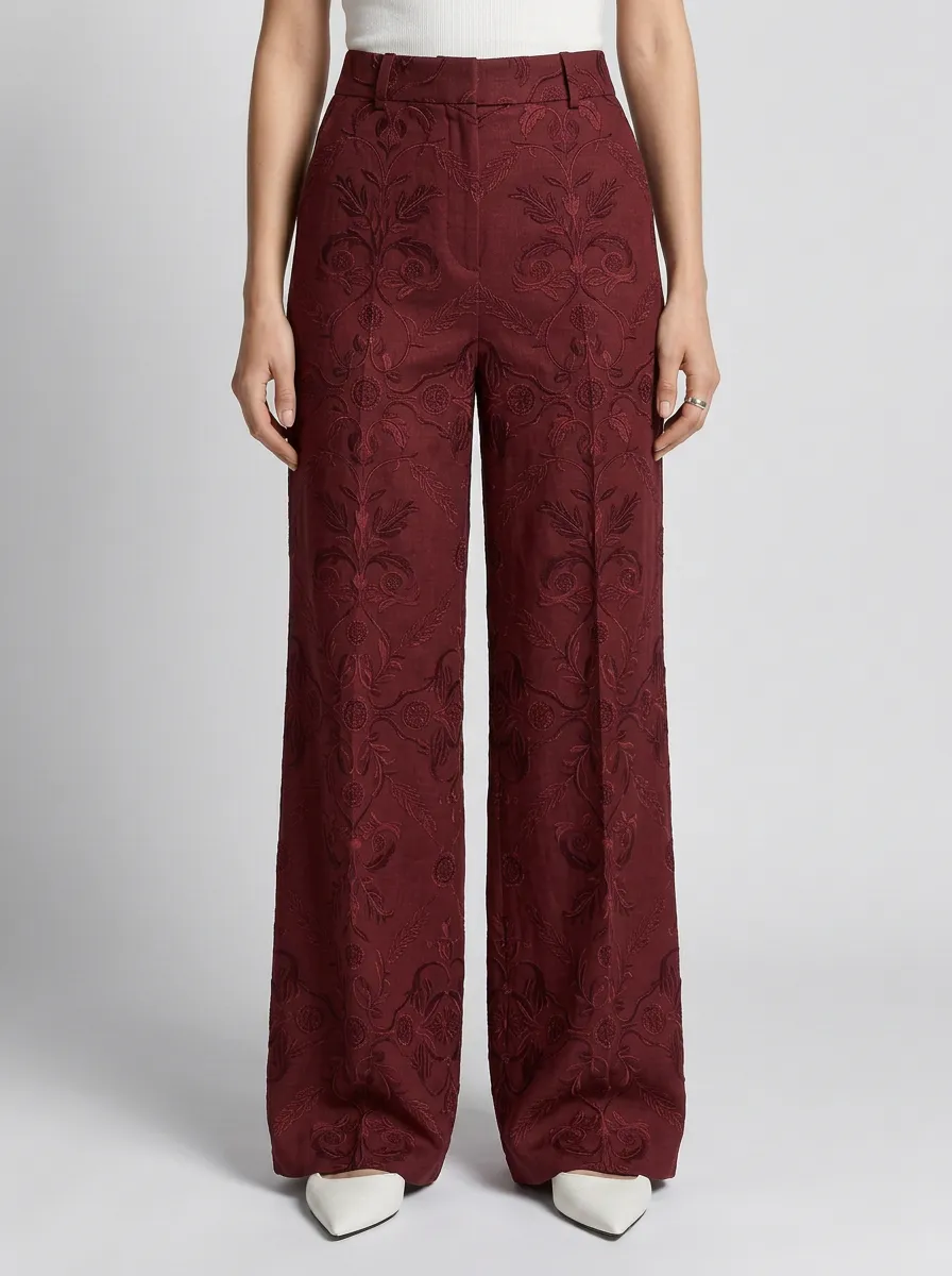 Women's Vintage Floral Damask Patterned High-Waisted Wide-Leg Pants