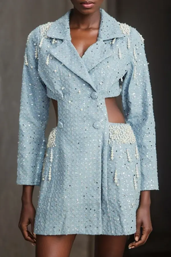 Blue Sequined & Beaded Decor Ripped Denim Cutout Waist Mini Dress