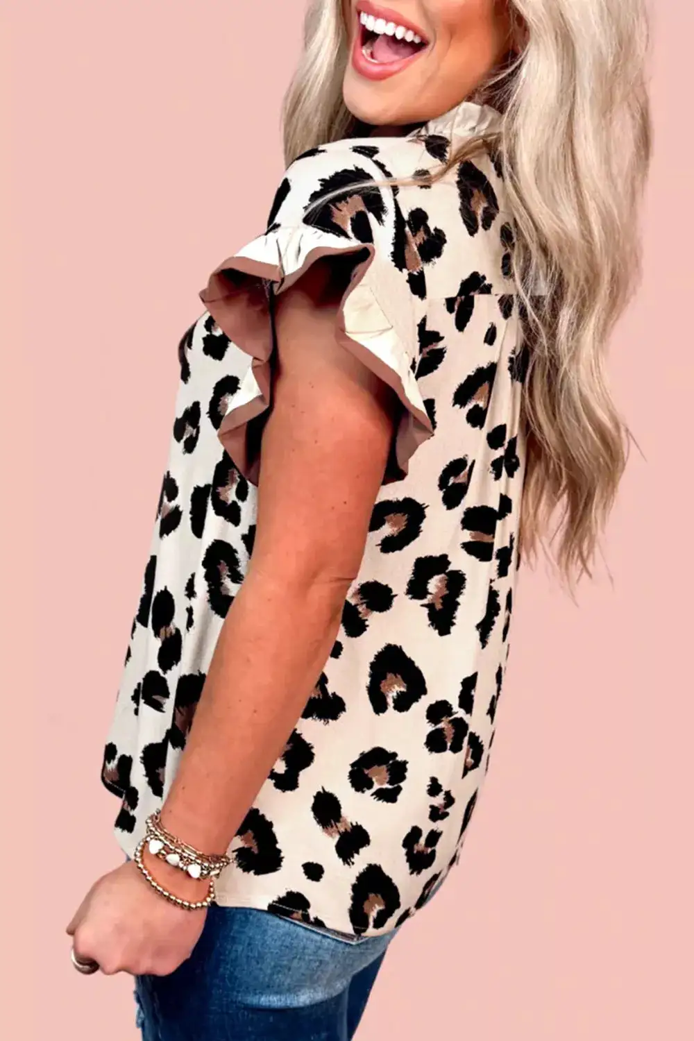 Leopard Printed Ruffle Sleeve Blouse