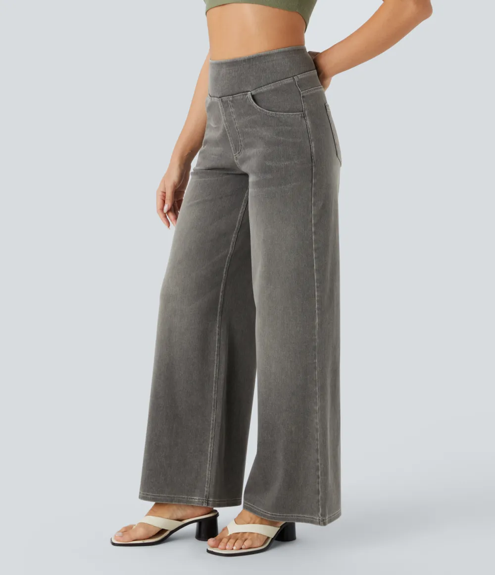 Magic High Waisted Multiple Pockets Wide Leg Washed Stretchy Knit Casual Jeans