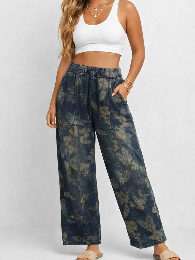 Graphic Elastic Waist Barrel Leg Denim Easy Pants