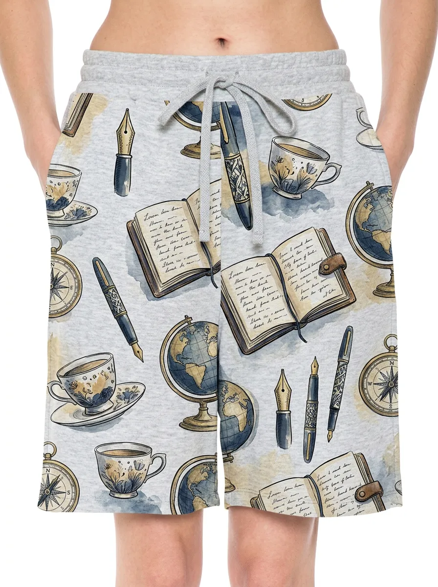 Women's Book Globe Fountain Pen Coffee Graphic Shorts