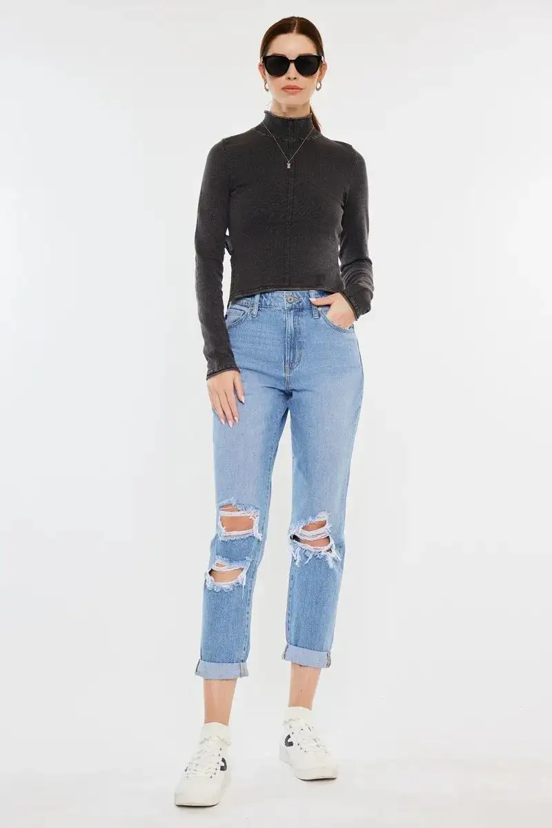 Classic High Waist Distressed Denim Jeans