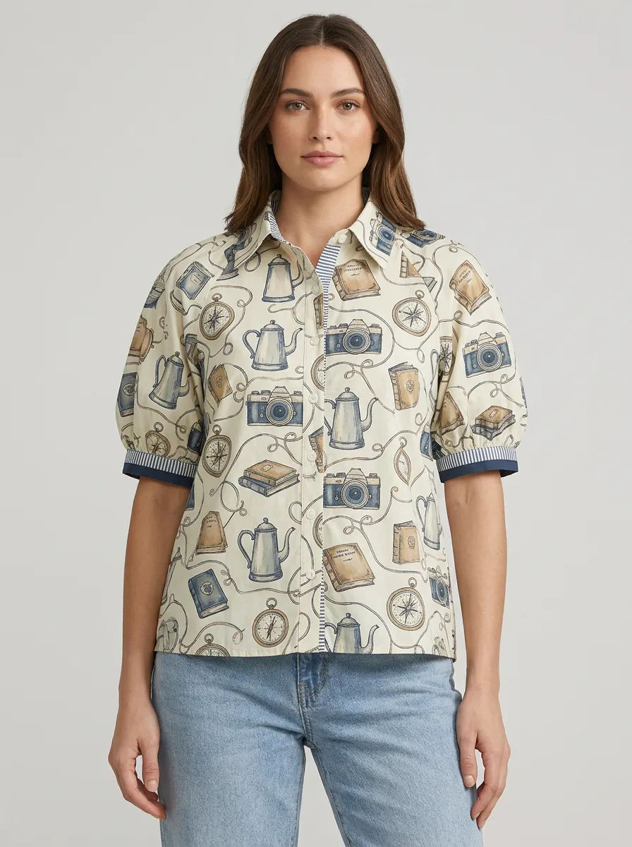 Women's Travel Hobby Camera Book Teapot Printed Shirt