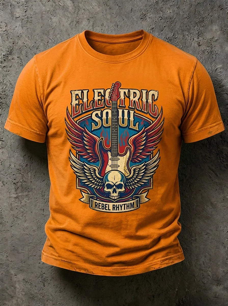 Unisex Rock Music Lover Electric Guitar Skull Printed T-shirt