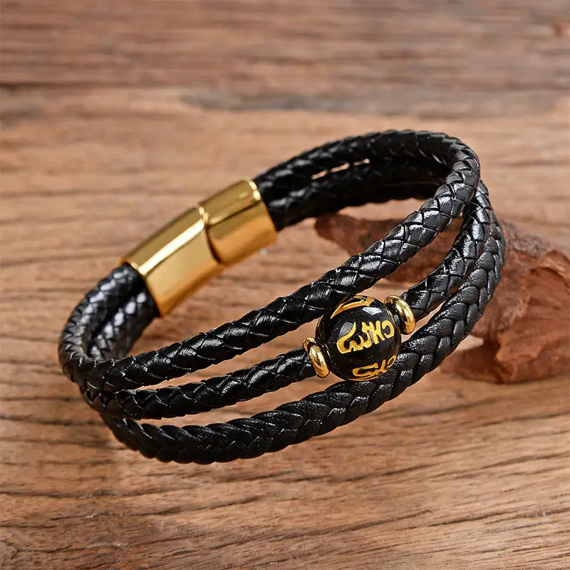 Bead Tiger Eye Amethyst Craved Leather Bracelet