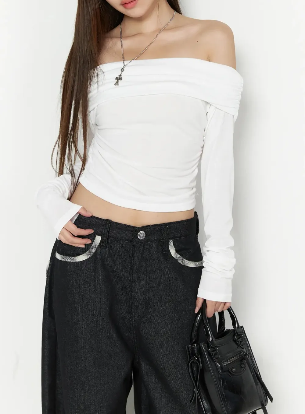 Ruched Off-The-Shoulder Long Sleeve Top