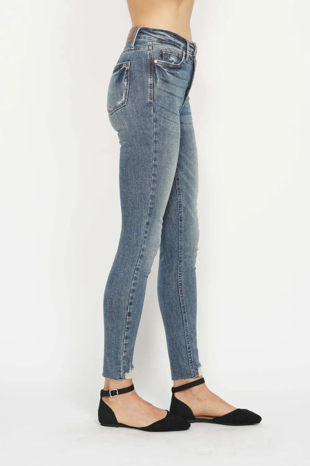 Tummy Control Vintage Wash Hem Destroy Denim Jeans