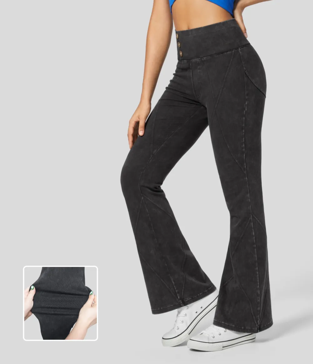 Magic High Waisted Button Top-stitching Washed Stretchy Knit Casual Flare Jeans