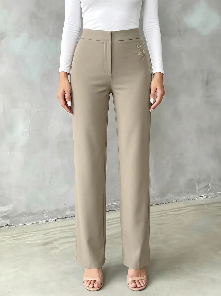 Women's Contemporary Weekend Floral Embroidered Mid Rise Straight Leg Pants