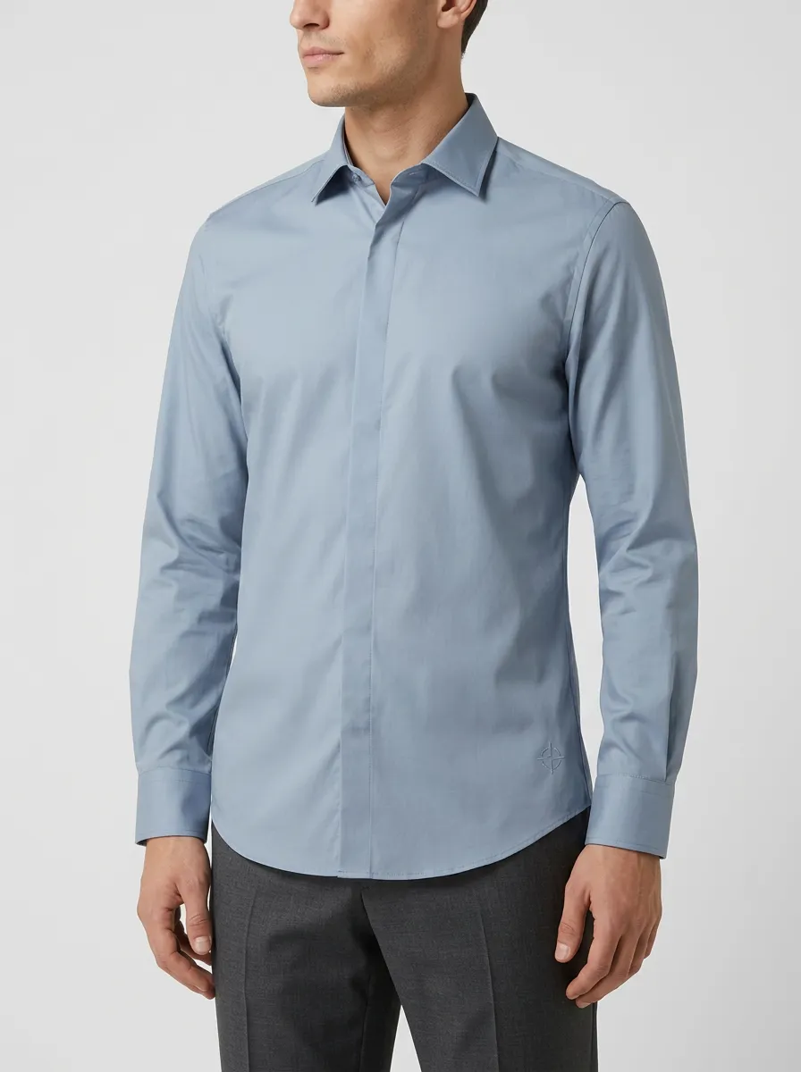 Men's Non-Iron Cotton Solid Blue Embroidered Logo Dress Shirt