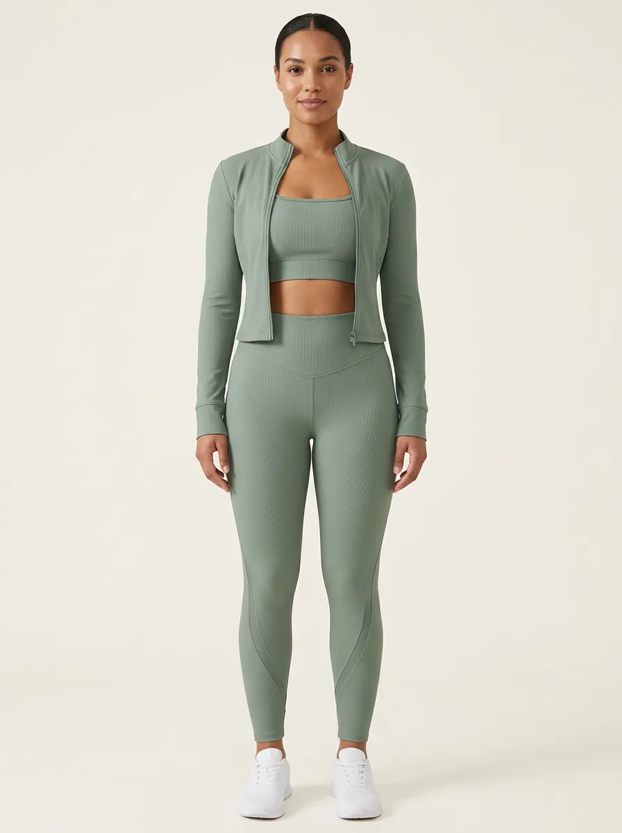 Performance-Inspired Ribbed Texture Zip Detail Utility Look Women's Three Piece Activewear Set