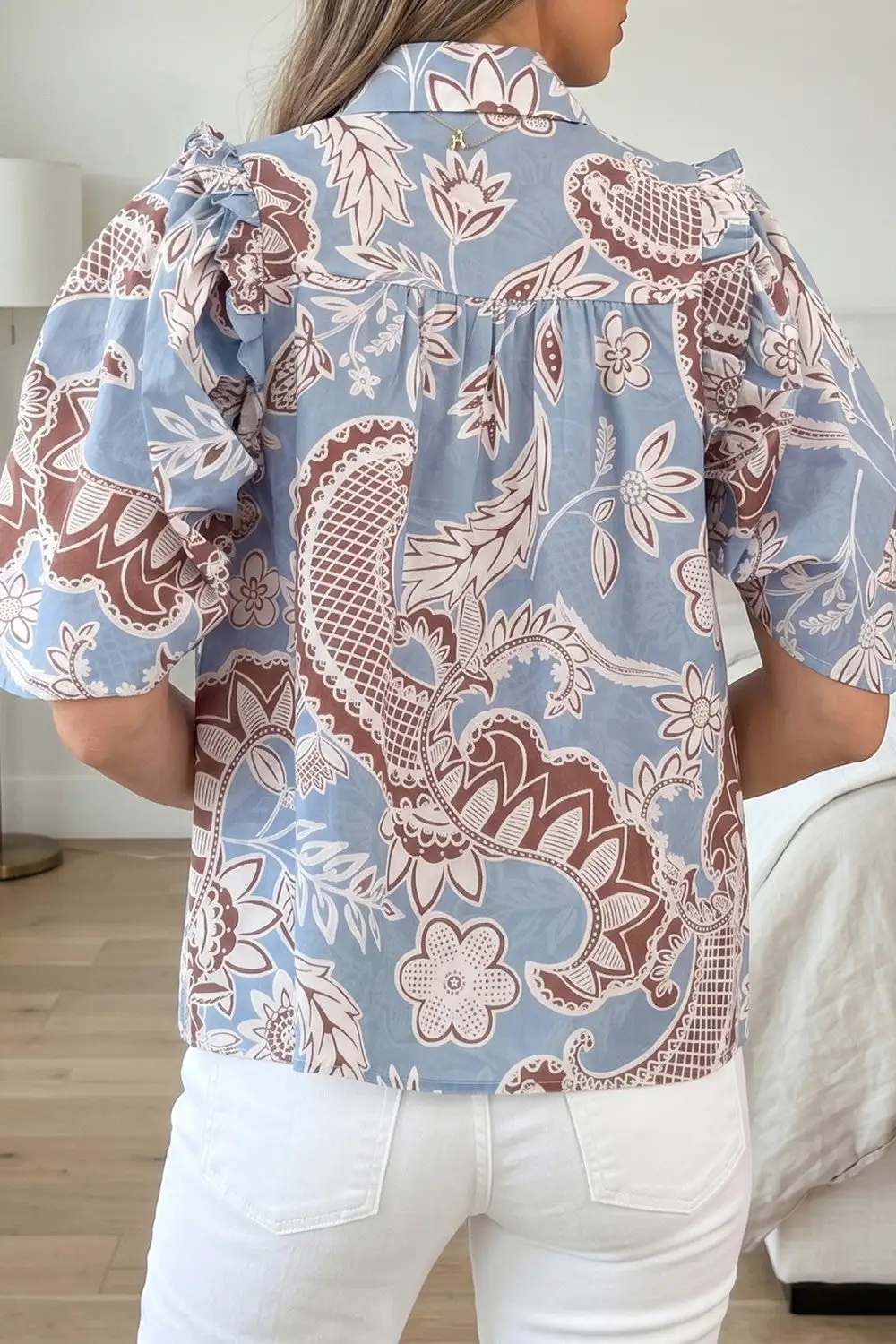 Floral Scalloped Trim Buttoned Blouse