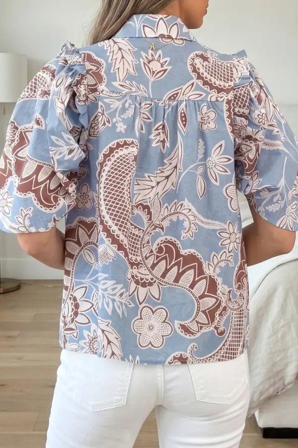 Floral Scalloped Trim Buttoned Blouse