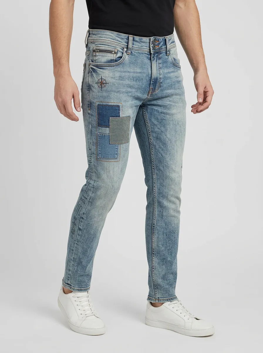 Men's Compass Patchwork Embroidered Printed Slim-Fit Jeans