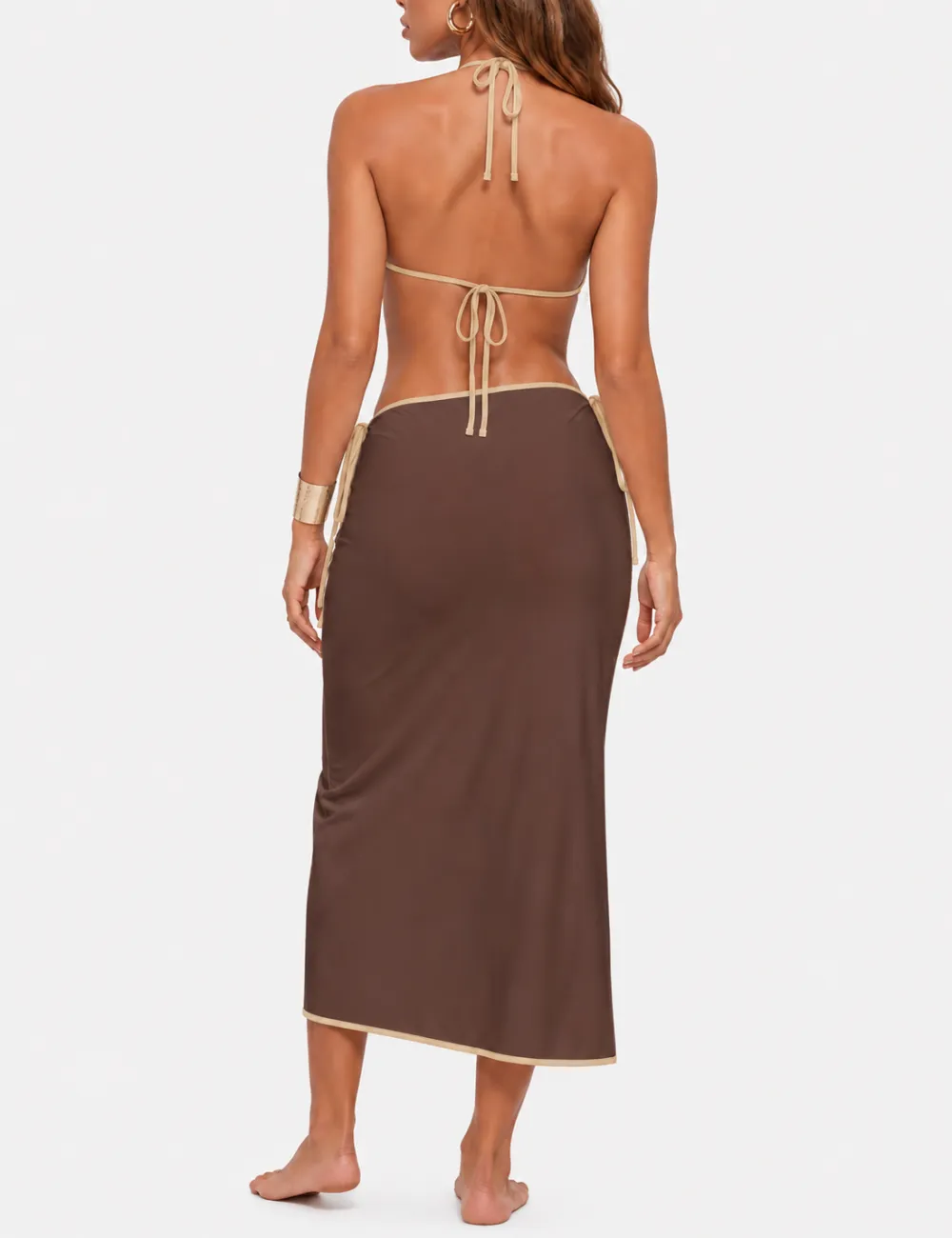 Color Block Halter Triangle Bikini Set with Midi Skirt