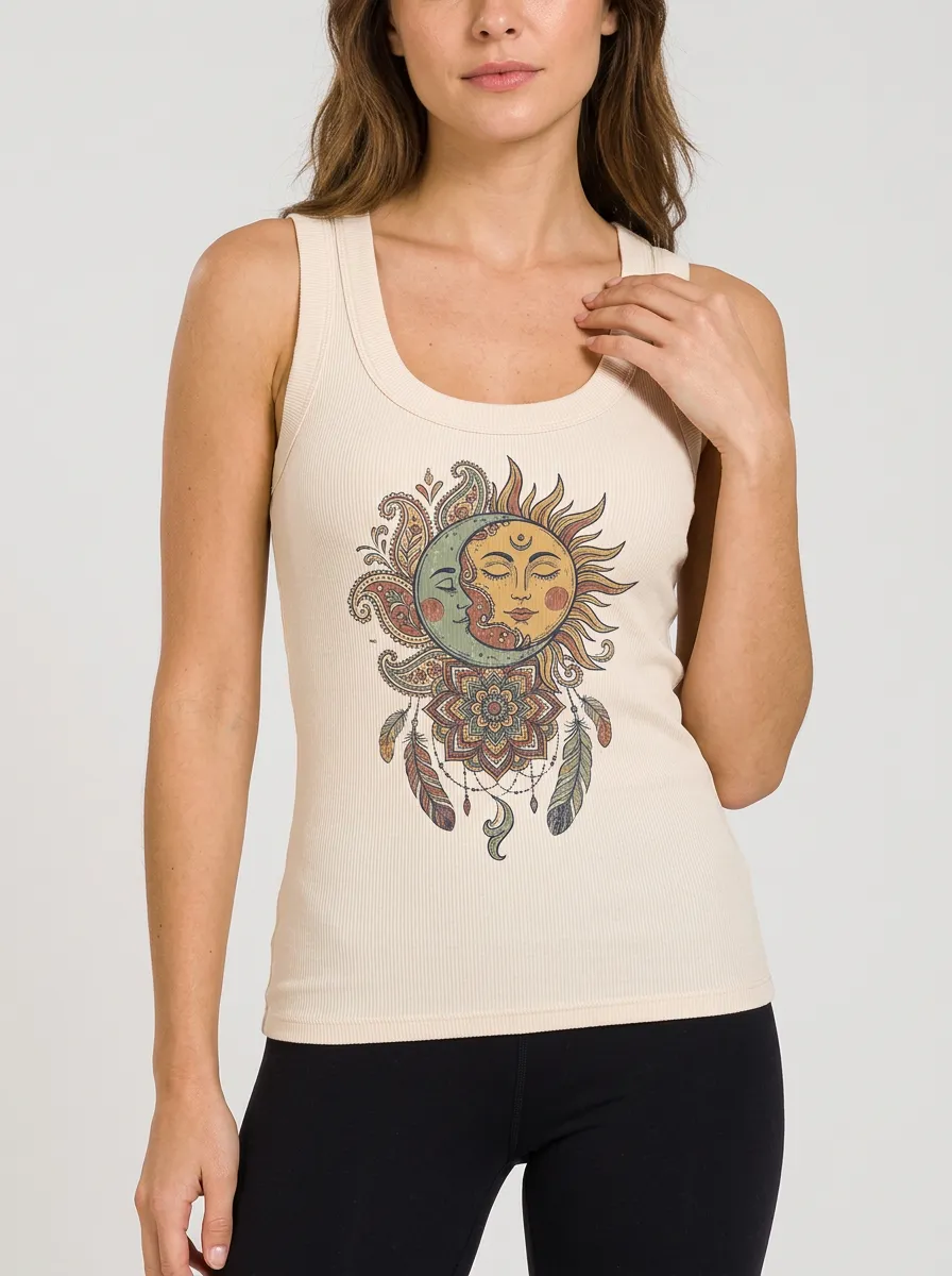 Women's Boho Celestial Sun Moon Mandala Printed Ribbed Tank Top