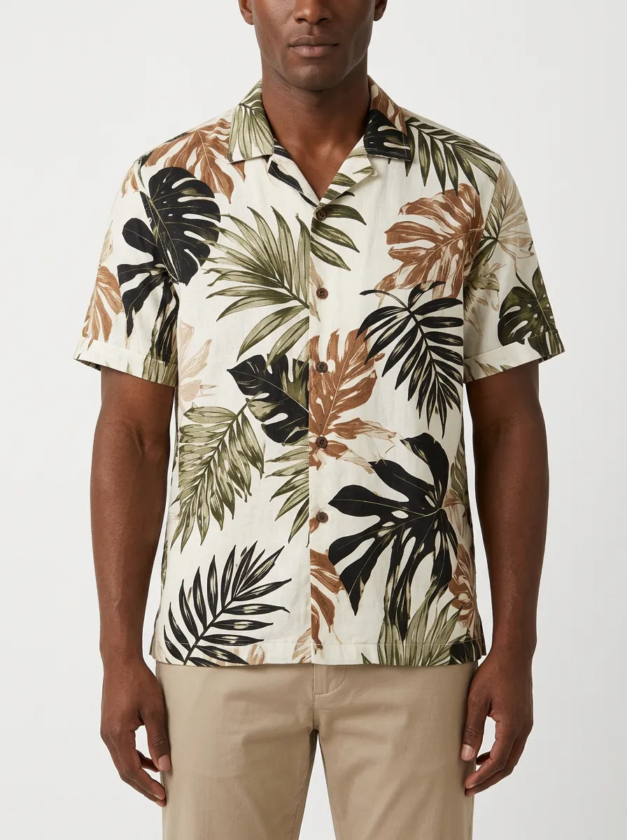 Men's Tropical Print Camp Collar Shirt with All-Over tropical leaf print pattern