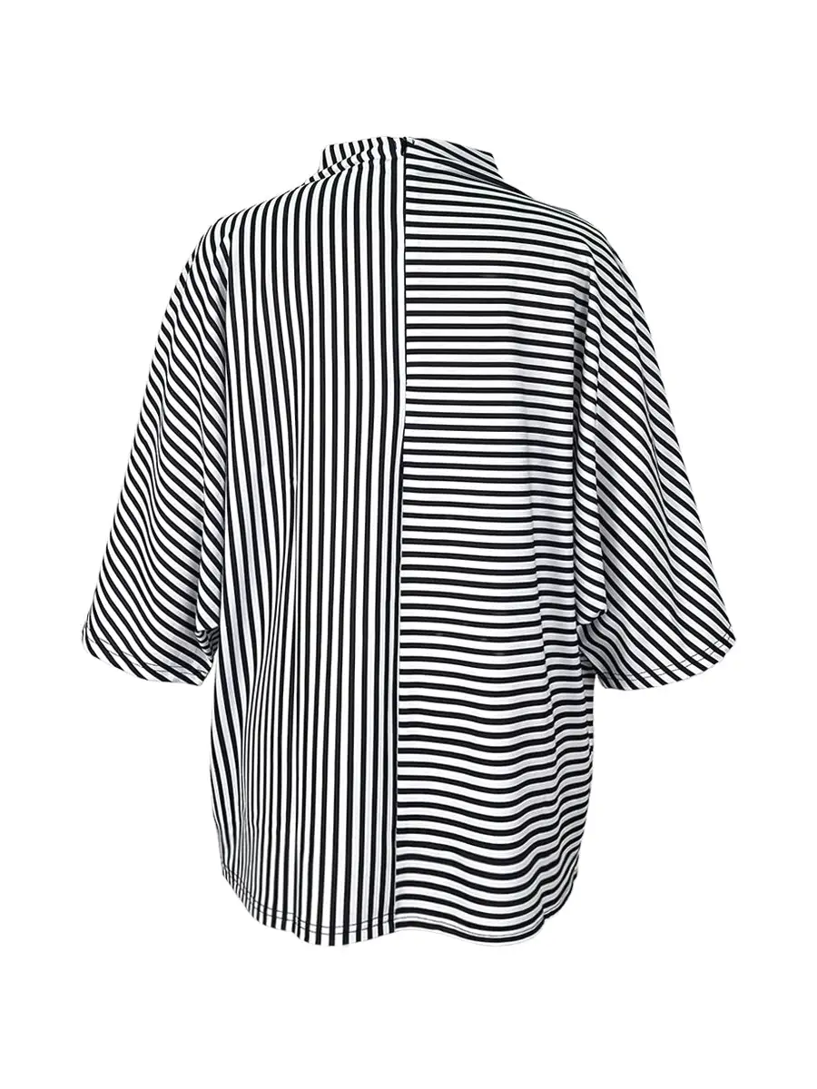 Relaxed Three Quarter Sleeves Figure Print Panel Detail Stripe Stand Collar T-Shirt