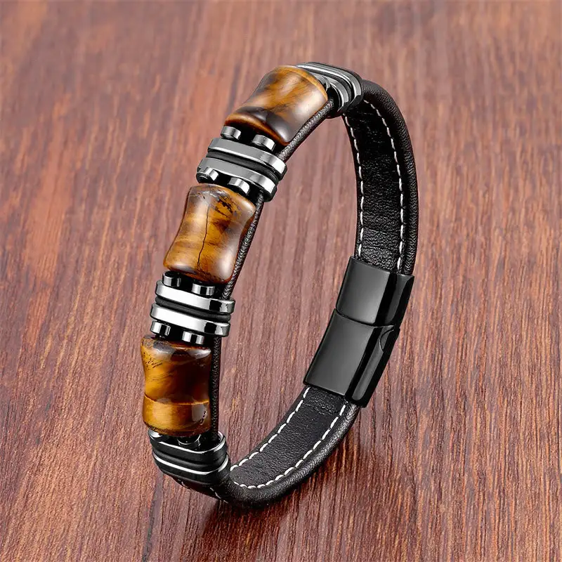 Tiger Eye Bamboo Stone Leather Bracelet