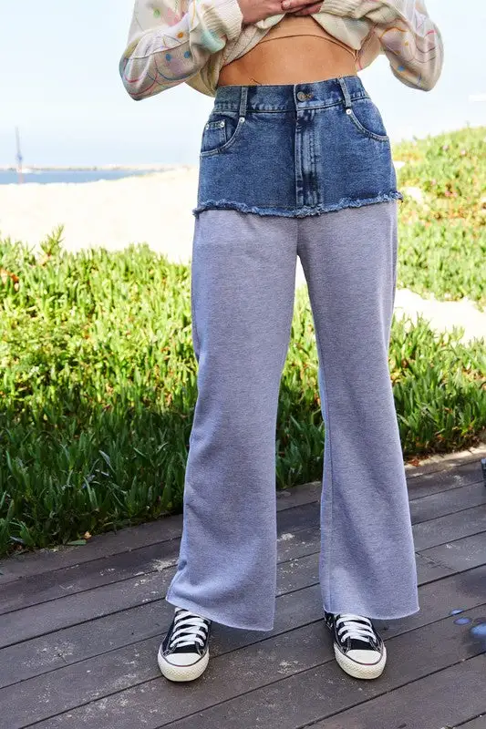 Raw Hem Patchwork Wide Leg Denim Pants