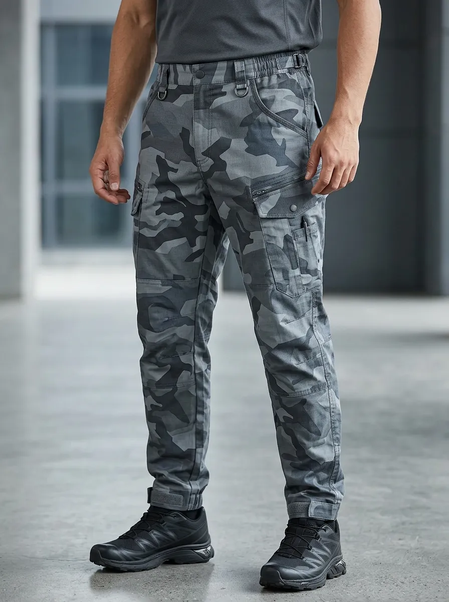 Men's Tactical Outdoor Grey Camouflage Printed Cargo Pants