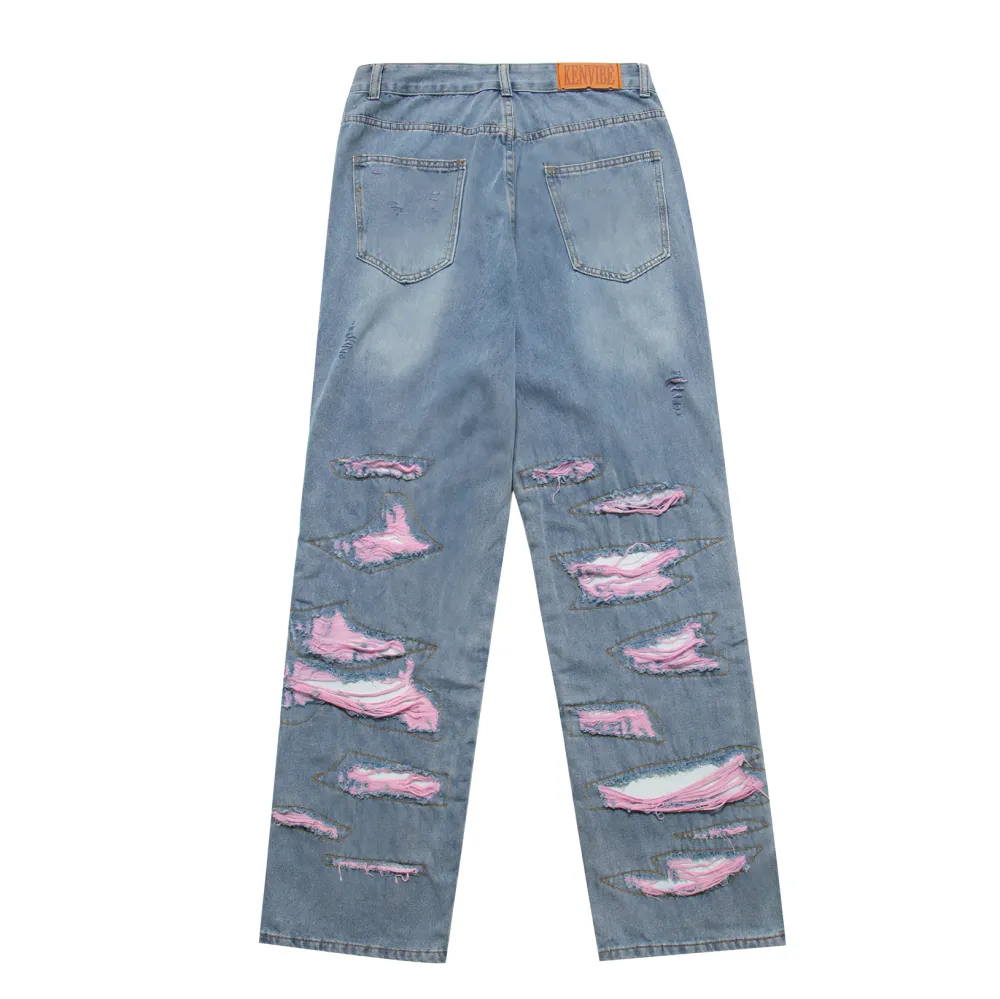 Patchwork Ripped Wide-Leg Jeans