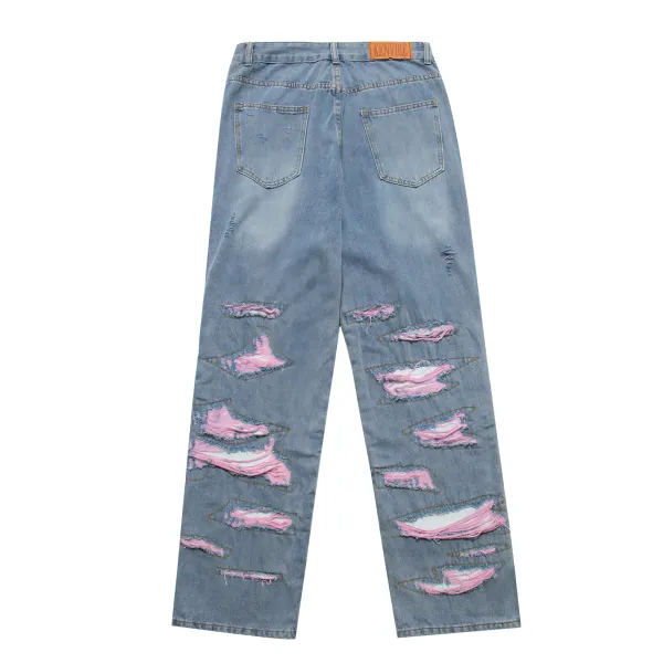 Patchwork Ripped Wide-Leg Jeans
