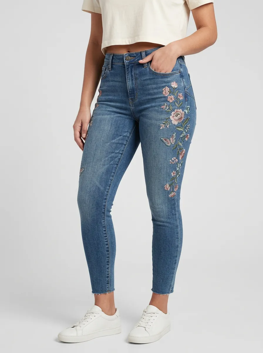 Women's Floral Butterfly Embroidered Printed Slim Jeans