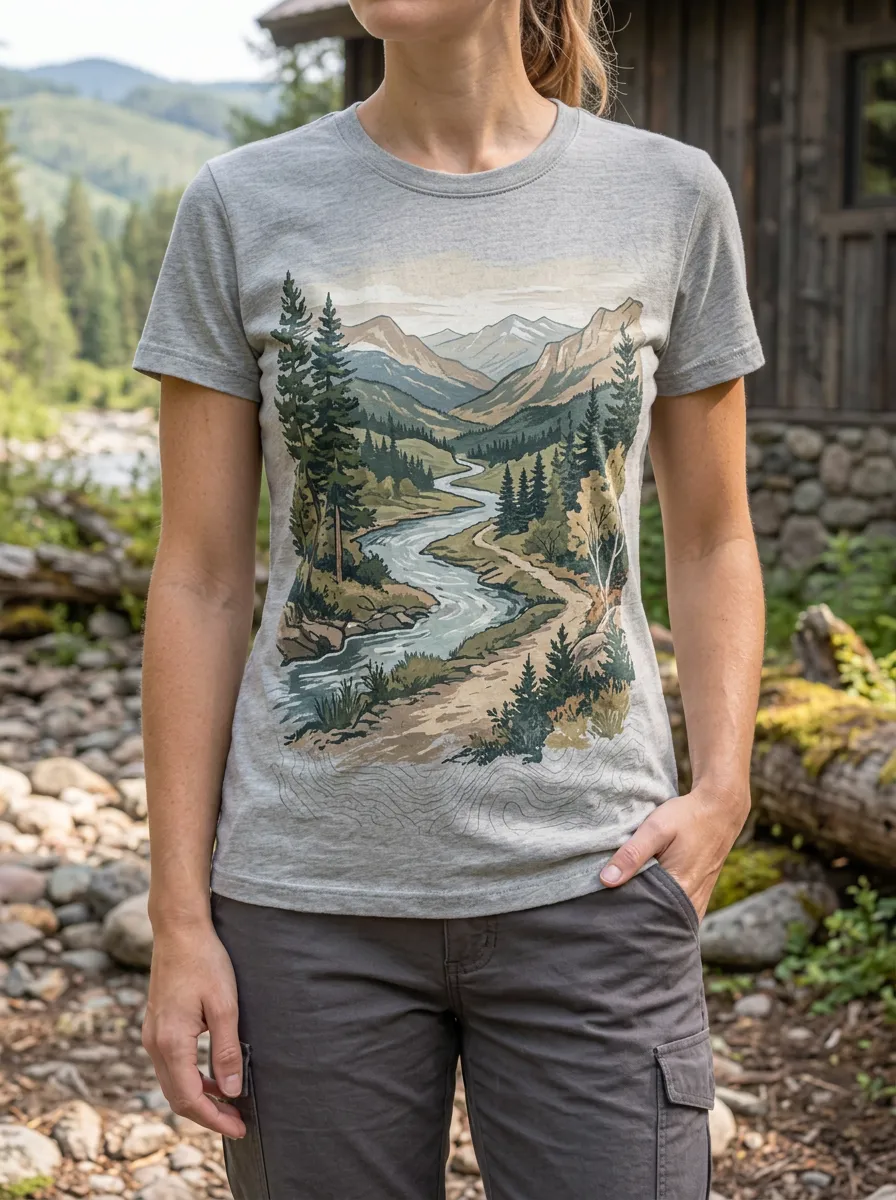 Women's Landscape Nature Lover Mountain River Landscape Crew Neck T-Shirt