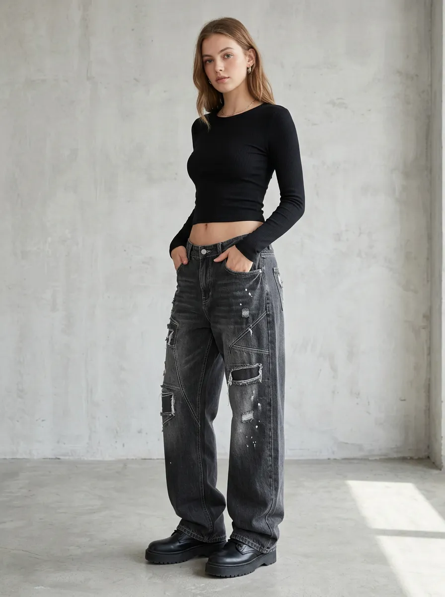 Women's Distressed Washed Black Patchwork Printed Jeans